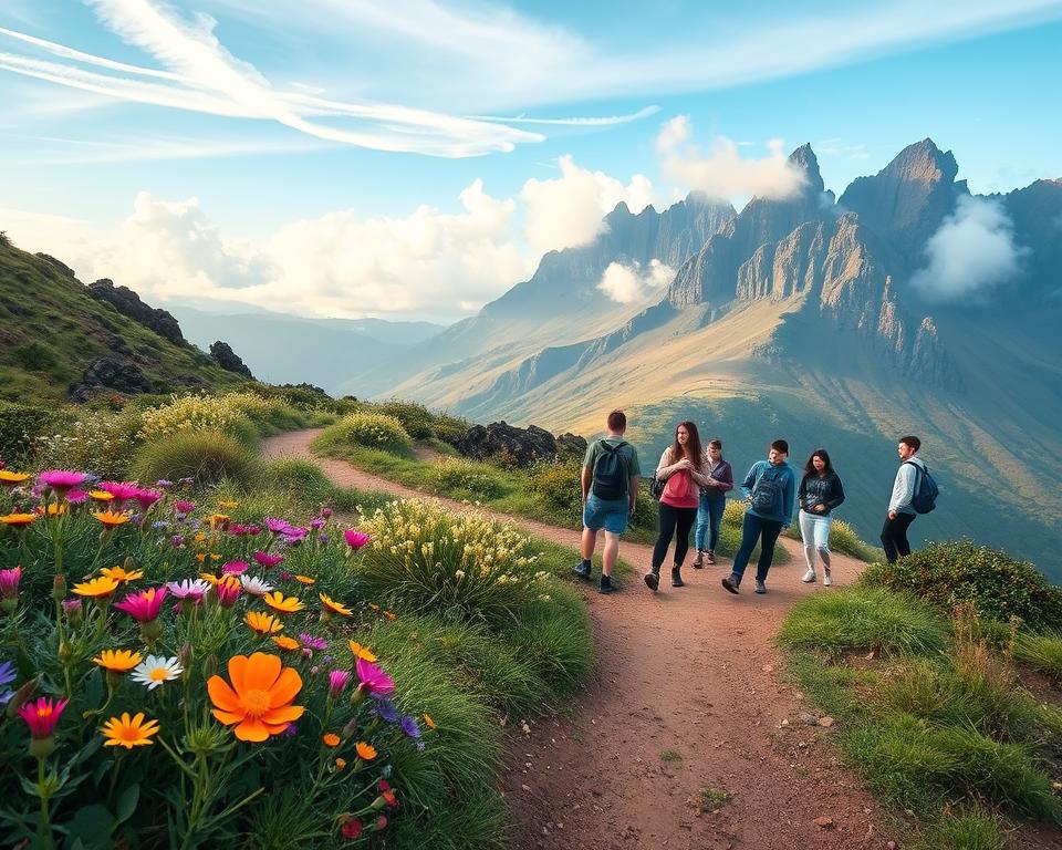 A beautiful, serene landscape depicting the easy hiking trails around Pico Arieiro in Madeira. In the foreground, vividly colored wildflowers bloom alongside a winding dirt path, hinting at the gentle slope of the hike. The middle ground features a diverse group of hikers dressed in casual, modest clothing, enjoying the trail and taking in the breathtaking views of the surrounding mountains. The background showcases rugged, towering peaks bathed in soft morning light, with wispy clouds floating above, creating a tranquil atmosphere. The scene is captured with a wide-angle lens, emphasizing the depth and majesty of the landscape. The overall mood is peaceful and inviting, perfect for those seeking short, accessible walks in nature.