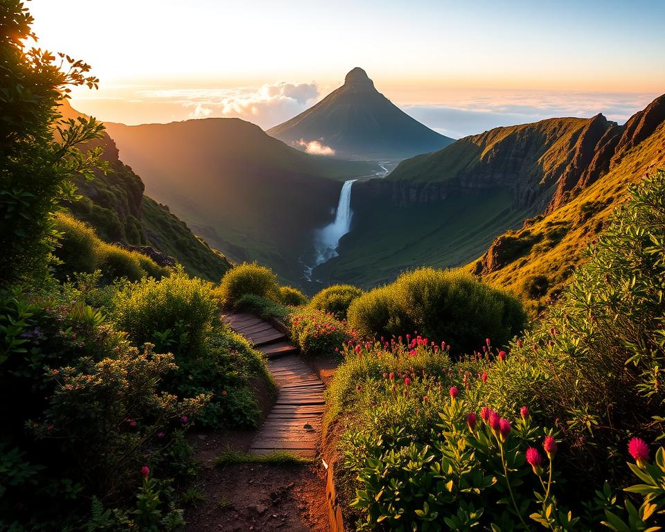 A breathtaking landscape of Pico do Arieiro, Madeira, showcasing its rugged volcanic peaks amidst lush greenery and vibrant wildflowers. In the foreground, a secluded hiking trail winds through dense foliage, inviting explorers to connect with nature. The middle ground features the majestic peak of Pico do Arieiro, partially shrouded in wisps of mist, while a cascading waterfall glimmers in the soft light. In the background, the sky transitions from golden dawn hues to soft blues, creating a tranquil atmosphere. Utilize natural lighting to capture the serene feeling of early morning, with a wide-angle view that emphasizes the grandeur of the mountains. Overall, evoke a mood of peaceful exploration and environmental stewardship, highlighting the theme of sustainable hiking.