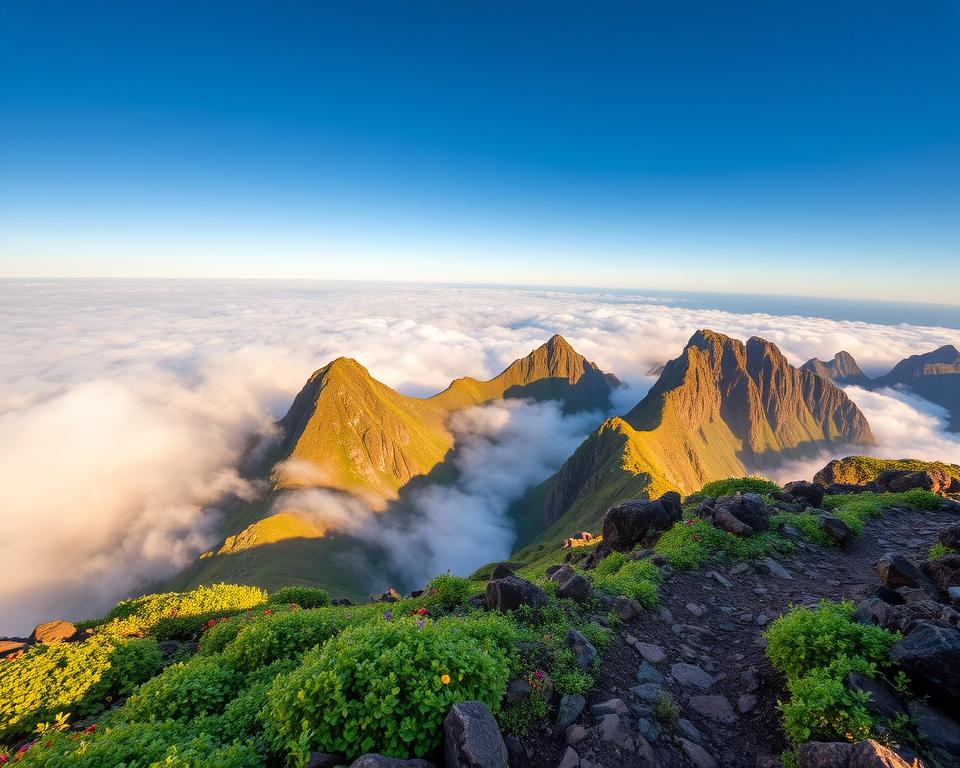 A breathtaking scene of Pico do Arieiro on Madeira Island, showcasing the rugged mountain peaks surrounded by a sea of fluffy clouds at sunrise. In the foreground, a rocky trail winding through vibrant green vegetation, with patches of colorful flowers peeking through the rocks. The middle ground features steep cliffs plunging into valleys, illuminated by golden rays breaking through the mist. The background displays towering mountains stretching towards the horizon under a clear blue sky. The overall mood exudes tranquility and awe, capturing the natural beauty of this majestic landscape. The lighting should mimic the soft, warm tones of early morning, enhancing the textures of the rocks and the greenery. The image should be shot from a slightly elevated angle to encompass the vastness of the scenery.