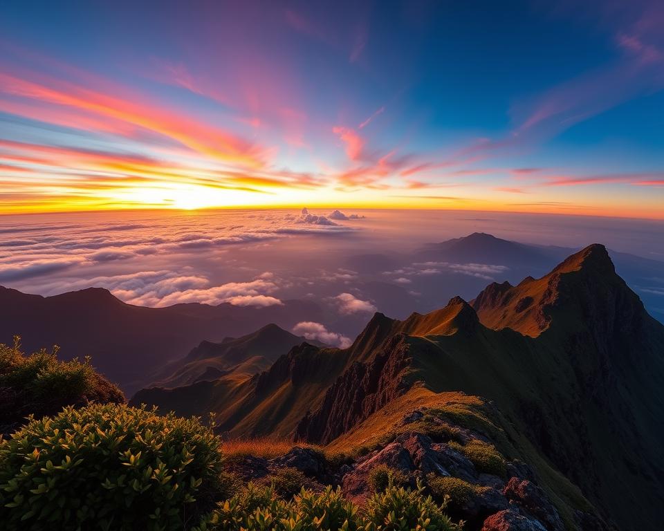 A breathtaking sunrise at Pico do Arieiro, Madeira, showcasing a dramatic sky painted with vibrant hues of orange, pink, and purple as the sun peeks over the rugged mountain peaks. In the foreground, lush green mountain vegetation and rocky terrain provide depth. The middle ground features the iconic ridges and trails of Pico do Arieiro, inviting adventurers to explore. In the background, a panoramic view of the vast, undulating valleys below, shrouded in morning mist, enhances the sense of tranquility. The scene is bathed in soft, warm morning light that casts gentle shadows, evoking a mood of serenity and awe. A wide-angle perspective captures the grandeur of this stunning landscape, perfect for inspiring wanderlust. The image is devoid of any text or overlays.
