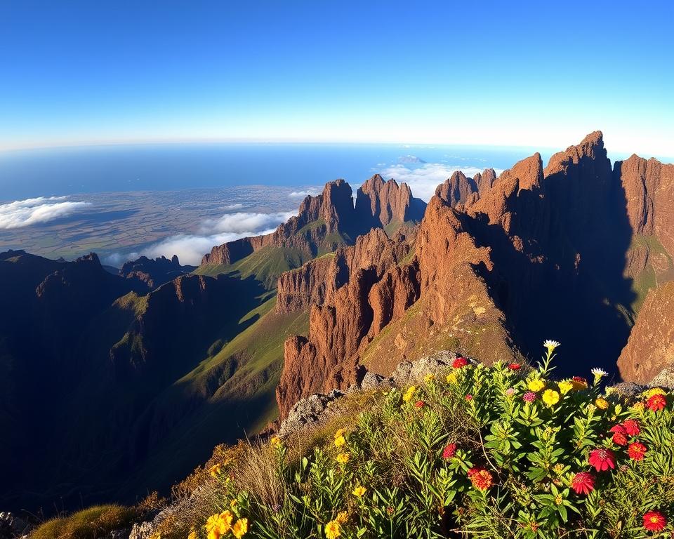 A breathtaking view from the Pico Arieiro viewpoint in Madeira, showcasing majestic rocky cliffs and rugged mountains under a clear blue sky. In the foreground, vibrant green vegetation and colorful wildflowers create a lively contrast against the dramatic landscape. The middle ground features the rugged ridges and peaks of the mountain, bathed in warm, golden sunlight, highlighting their textures and contours. The background showcases the sprawling valleys below, with gentle wisps of mist creeping through the lowlands, adding an air of mystery. The image should evoke a sense of adventure and tranquility, capturing the untouched beauty of nature. Use a wide-angle perspective to encompass the vastness of the landscape, with soft, natural lighting to enhance the serene atmosphere.