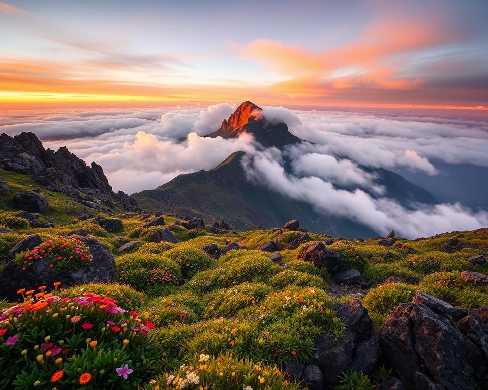 A breathtaking view of Pico do Arieiro, Madeira during the optimal hiking season. In the foreground, lush green hiking trails wind through vibrant wildflowers and rocky terrain, inviting adventurers to explore. The middle ground showcases the towering, jagged peaks of Pico do Arieiro, partially shrouded in soft, rolling clouds catching the golden light of dusk. In the background, a dramatic sky transitions from warm oranges to cool purples, suggesting a stunning sunset. The scene conveys a sense of tranquility and adventure, ideal for passionate hikers. Use soft, natural lighting to enhance the details of the landscape, captured with a wide-angle lens to emphasize the vastness of the surroundings.