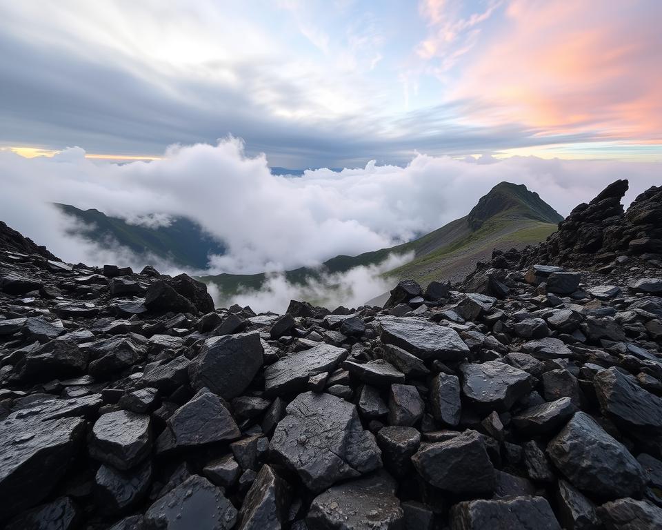 A breathtaking view of Pico do Arieiro in Madeira, showcasing the dynamic weather conditions. In the foreground, rugged rocky terrain wet from recent rain, glistening under soft, diffused natural light. The middle ground features the iconic peaks of Pico do Arieiro shrouded in swirling clouds and mist, conveying an atmosphere of mystery and tranquility. In the background, a vibrant sky transitions from moody gray to soft pastels, suggesting a clearing after a passing storm. The composition captures the essence of hiking conditions, with a focus on the interplay of light and weather, inviting exploration and adventure. Aim for a wide-angle perspective that emphasizes the majestic landscape and the sense of elevation, creating a captivating visual narrative.
