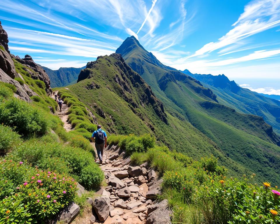 A breathtaking view of the Pico do Arieiro to Pico Ruivo hiking route on Madeira, capturing the dramatic mountainous landscape. In the foreground, a narrow rocky trail winds through lush green vegetation, dotted with colorful wildflowers. The middle ground features steep cliffs rising sharply, with hikers in modest casual clothing traversing the path, showcasing the adventure aspect. In the background, the majestic summit of Pico Ruivo looms under a clear blue sky, with wispy white clouds accentuating the height of the mountains. The lighting is bright and natural, suggesting midday, with sunlight casting gentle shadows that enhance the texture of the rocks and foliage. The overall mood is one of exploration and tranquility, evoking a sense of awe at the beauty of nature.