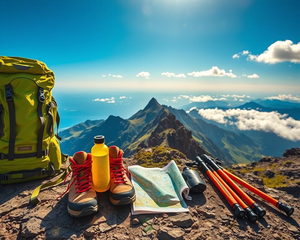 A detailed outdoor scene showcasing a essential hiking gear arranged neatly on a rocky surface at the breathtaking Pico de Arieiro. In the foreground, vibrant items include a durable backpack, hiking boots, a water bottle, a map, and trekking poles, all strategically placed to create an inviting atmosphere for adventure. The middle ground features a stunning view of the rugged mountain landscape, with lush greenery and dramatic rock formations wide-reaching under a bright blue sky. In the background, distant peaks of Madeira contrast with fluffy white clouds. The lighting is warm and golden, reminiscent of a late afternoon sun, casting soft shadows and enhancing the texture of the gear. The mood is one of anticipation and exploration, inspiring hikers to enjoy the beauty of nature.
