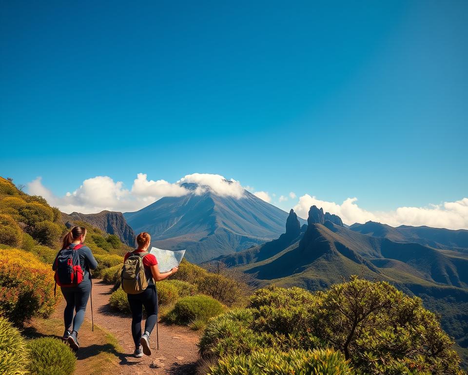A scenic view for planning a hiking adventure to Pico de Arieiro in Madeira, Portugal. In the foreground, a well-maintained hiking trail winds through lush, vibrant vegetation, with a couple of hikers dressed in modest athletic clothing carrying backpacks, looking at a detailed topographic map. In the middle ground, rugged volcanic rock formations rise dramatically, showcasing the unique geology of Madeira. The background features the iconic Pico de Arieiro peak bathed in warm golden sunlight, with soft, wispy clouds gently drifting around. The atmosphere is serene and inviting, suggesting an adventurous yet peaceful experience. The lens captures this image from a slightly elevated angle, enhancing the sense of depth and exploration, under a bright blue sky.